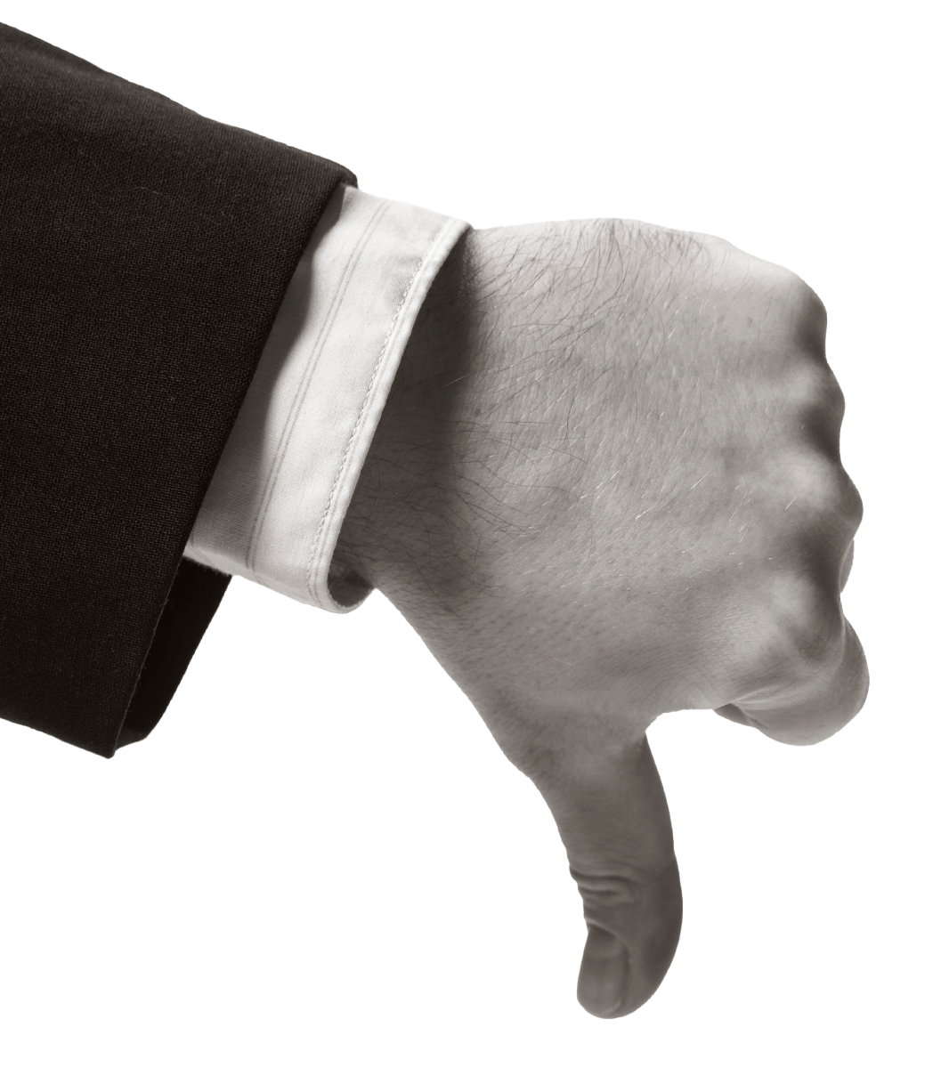 A person's hand giving a thumbs down, wearing a suit jacket and white dress shirt.