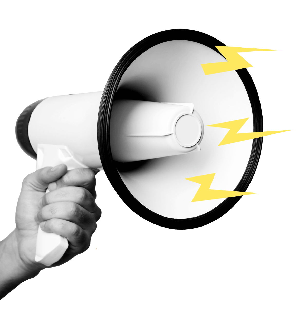 Hand holding a megaphone with yellow lightning bolts coming out, symbolizing loud sound or noise.