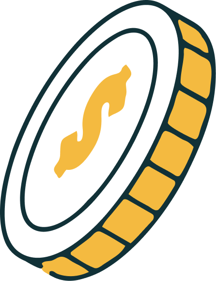 Illustration of a coin with a dollar sign in the center and a gold and black edge.