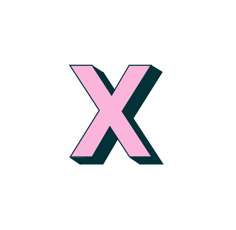 A large letter 'X' in pink with a black shadow, centered on a white background with decorative black curvy borders.
