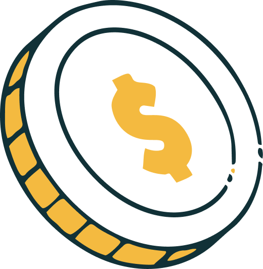 Illustration of a coin with a dollar sign in the center.