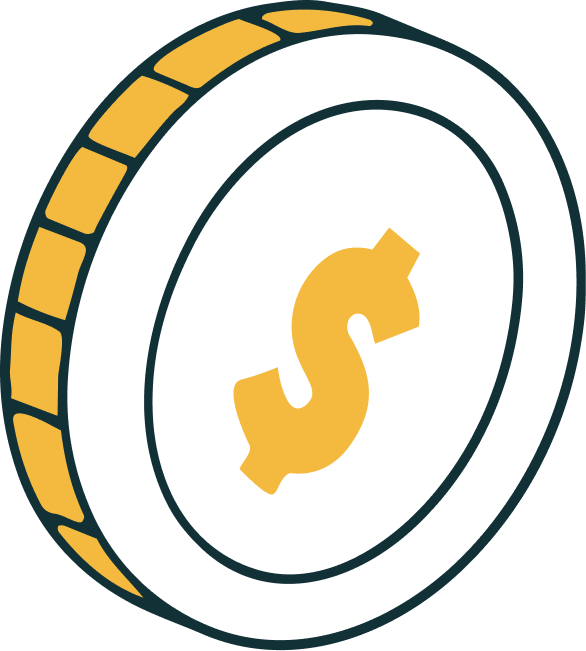 Illustration of a dollar coin with a yellow dollar sign in the center, gold-colored edge, and a white background.