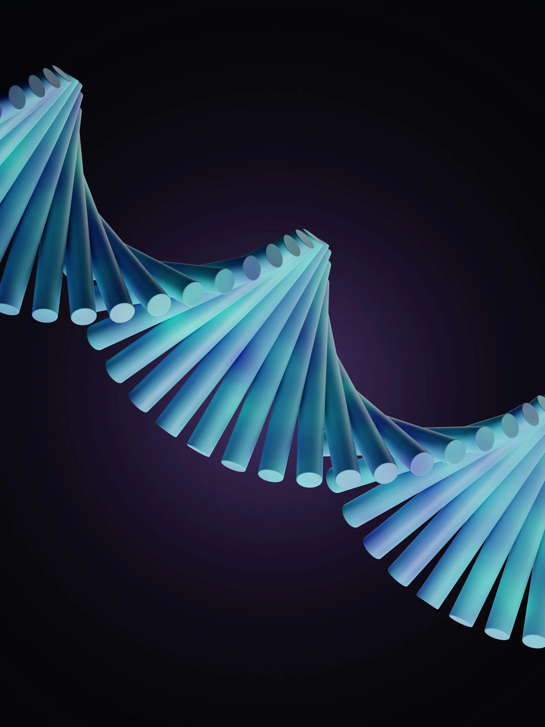 A digitally rendered double helix structure with blue and cyan-colored strands against a dark background.