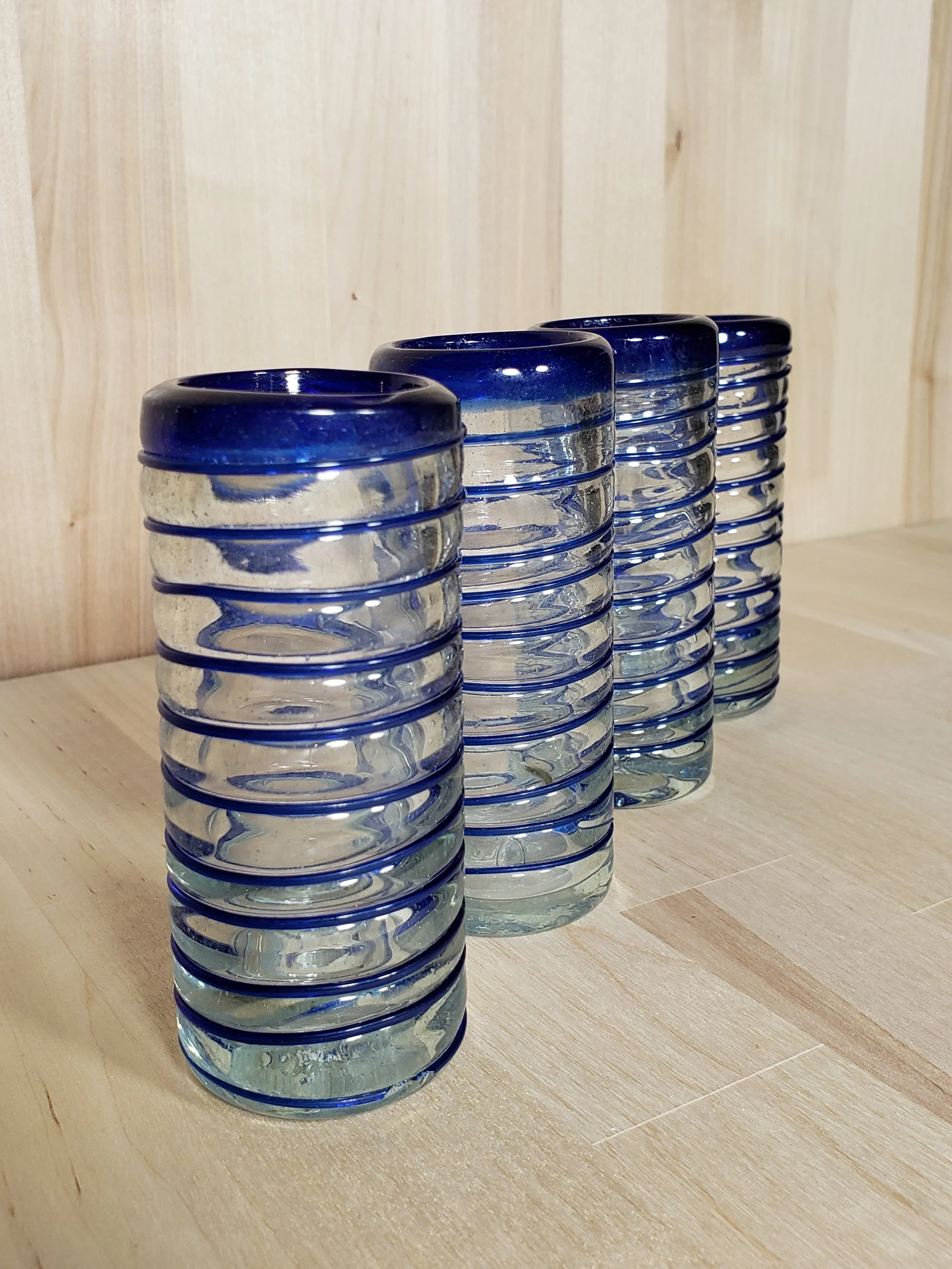 Hand-Crafted Shot Glasses – Dark Blue Spiral Design, Set of 4, Tonalá Mexico (D)