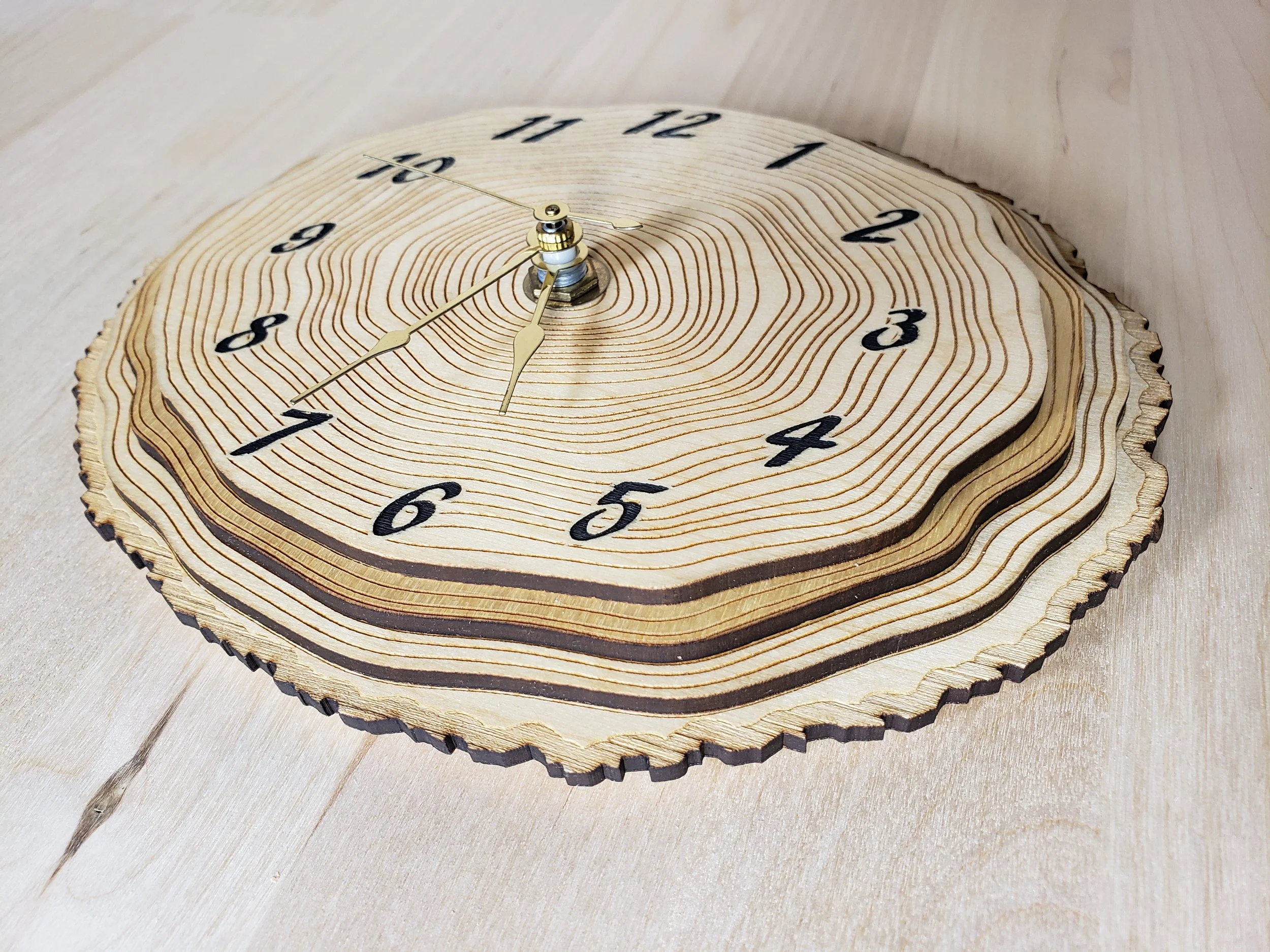 Rustic Tree Stump Wall Clock | Layered Alder Wood Veneer | Laser Cut & Engraved |