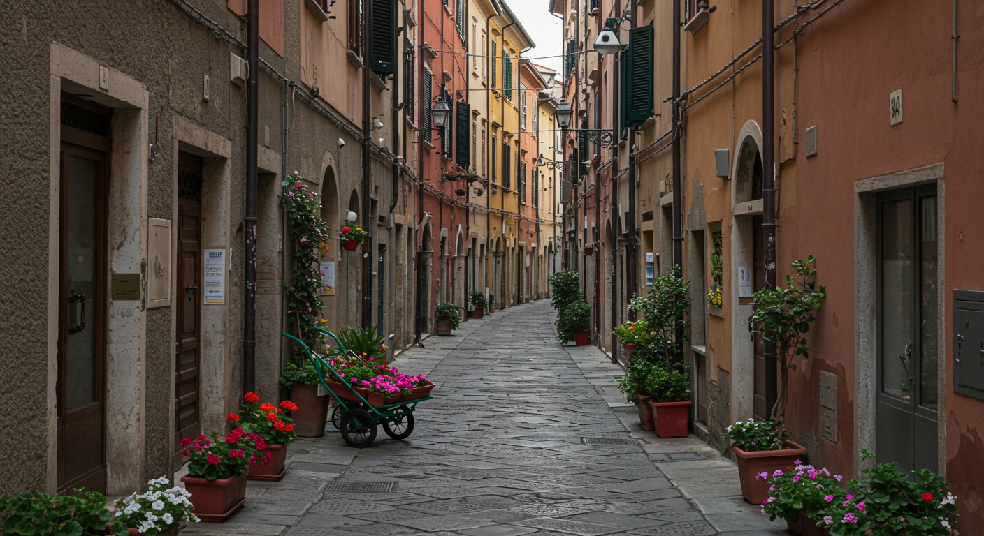 A narrow, winding European street with colorful buildings, flower pots, and a shopping cart filled with pink flowers.