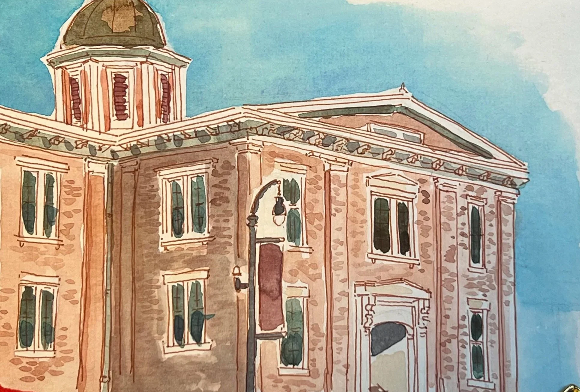A watercolor illustration of a historic Woodstock Court House building with multiple windows, a door, a street lamp, and a blue sky background.