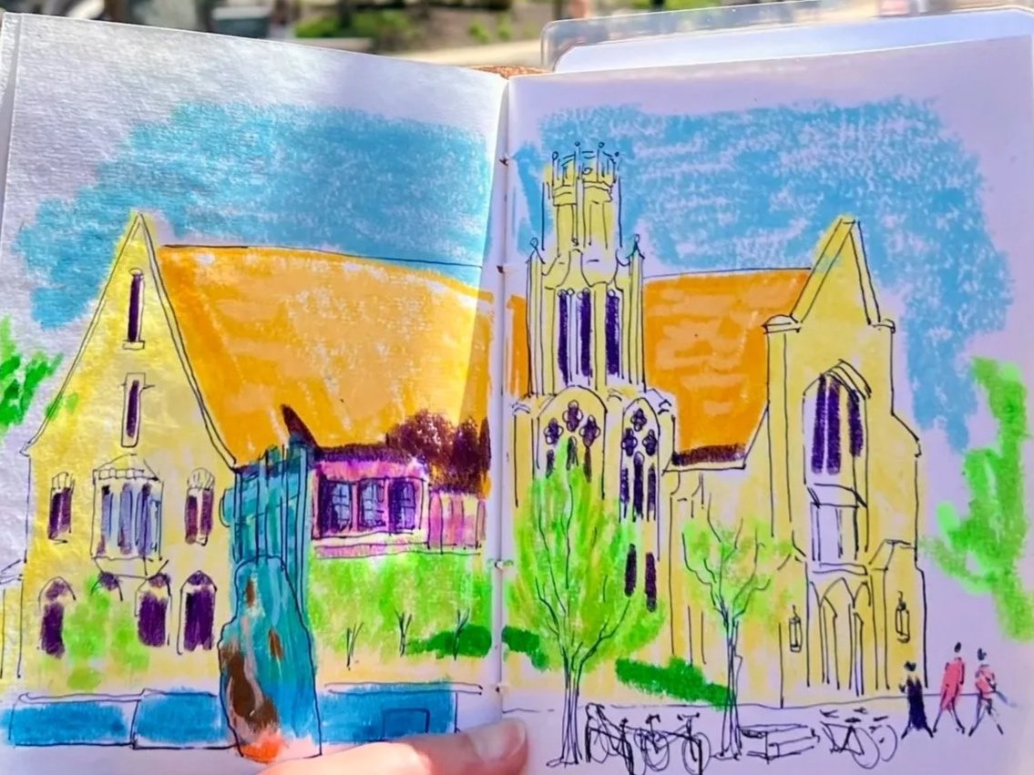 Colorful sketch of a church building with large orange roof, yellow walls, lush green trees, bicycles, and people walking outside.