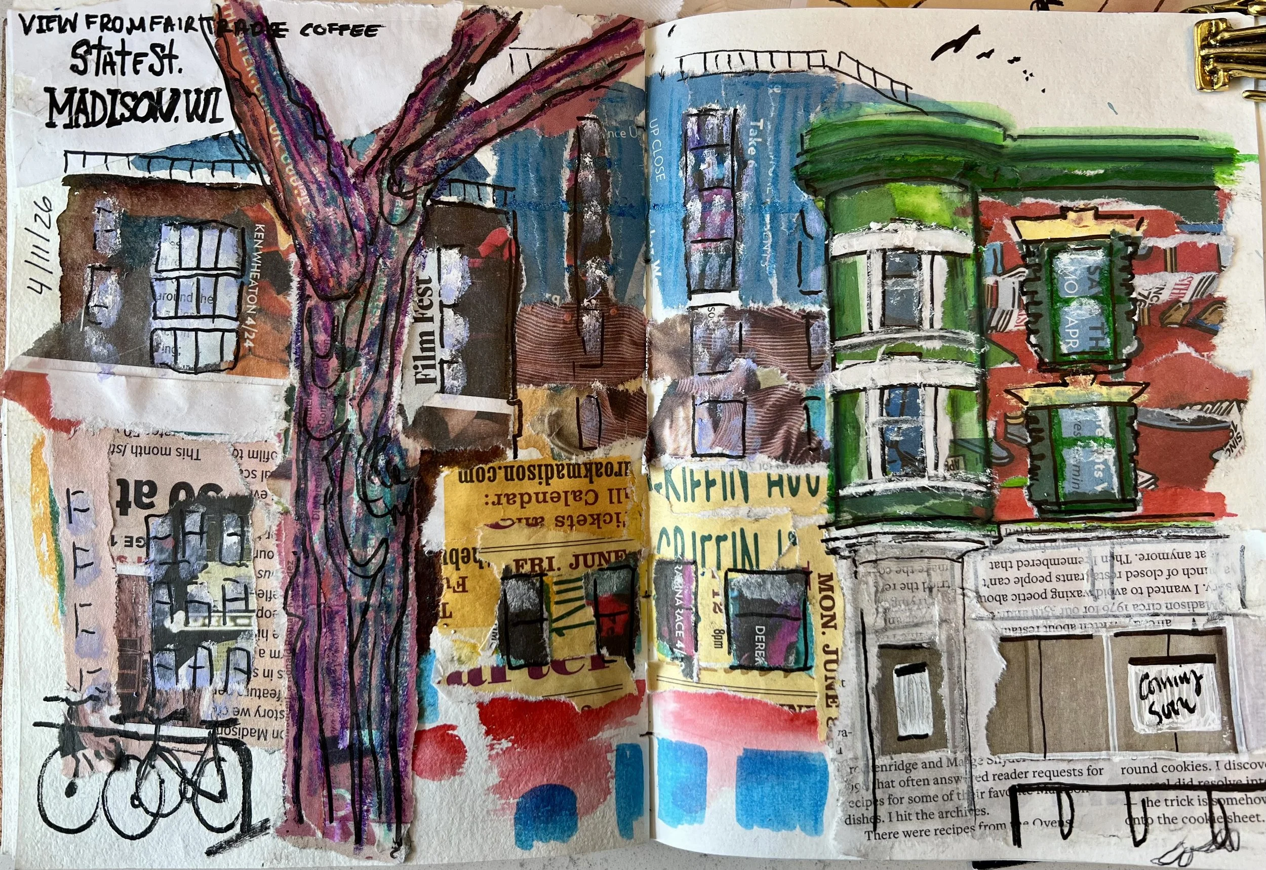 A hand-drawn and painted collage of a cityscape with various buildings, colorful backgrounds, and text elements layered on paper. The collage includes sketches of buildings, a large tree, and handwritten annotations.