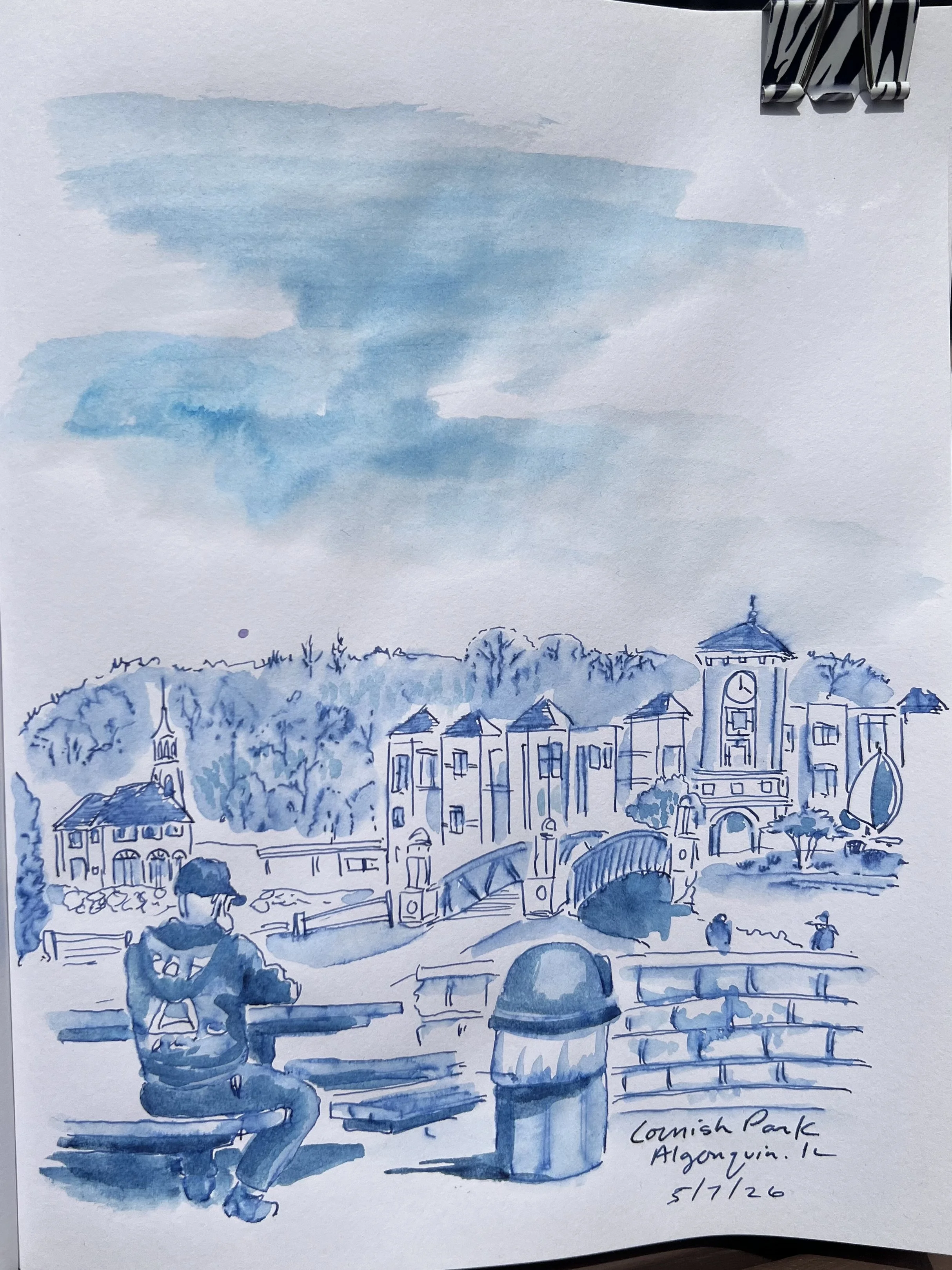 A watercolor painting of a town scene with a bridge, buildings, trees, and a clock tower labeled as Cornish Park in Algonquin, Illinois.