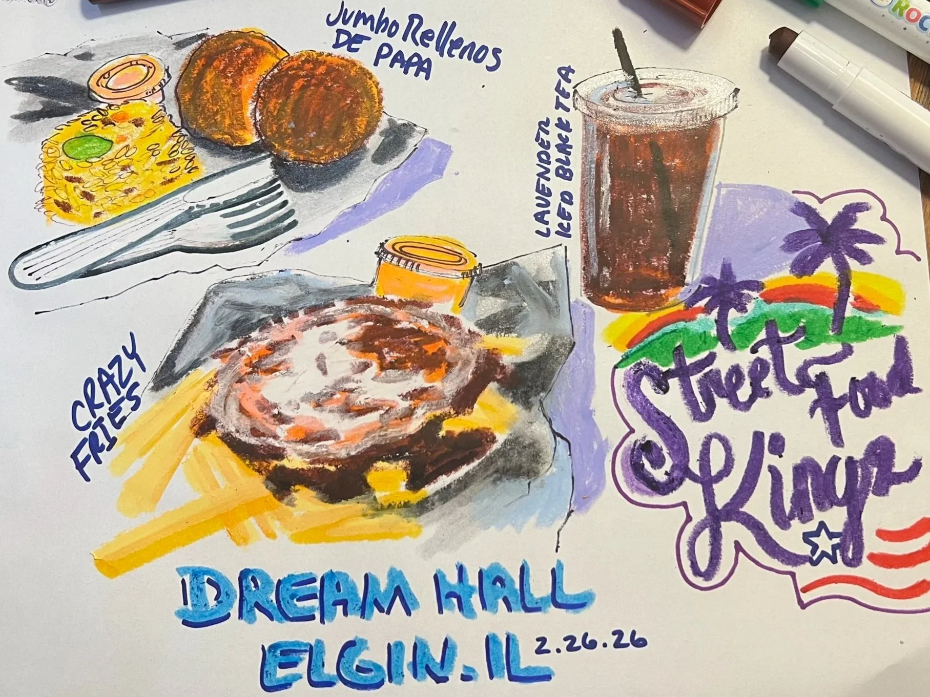 Hand-drawn illustration of food items including fried jalapenos, deep-fried rolls, and a burger patty, along with a cup of iced tea, decorated with colorful handwritten text and drawings of palm trees and sunset.