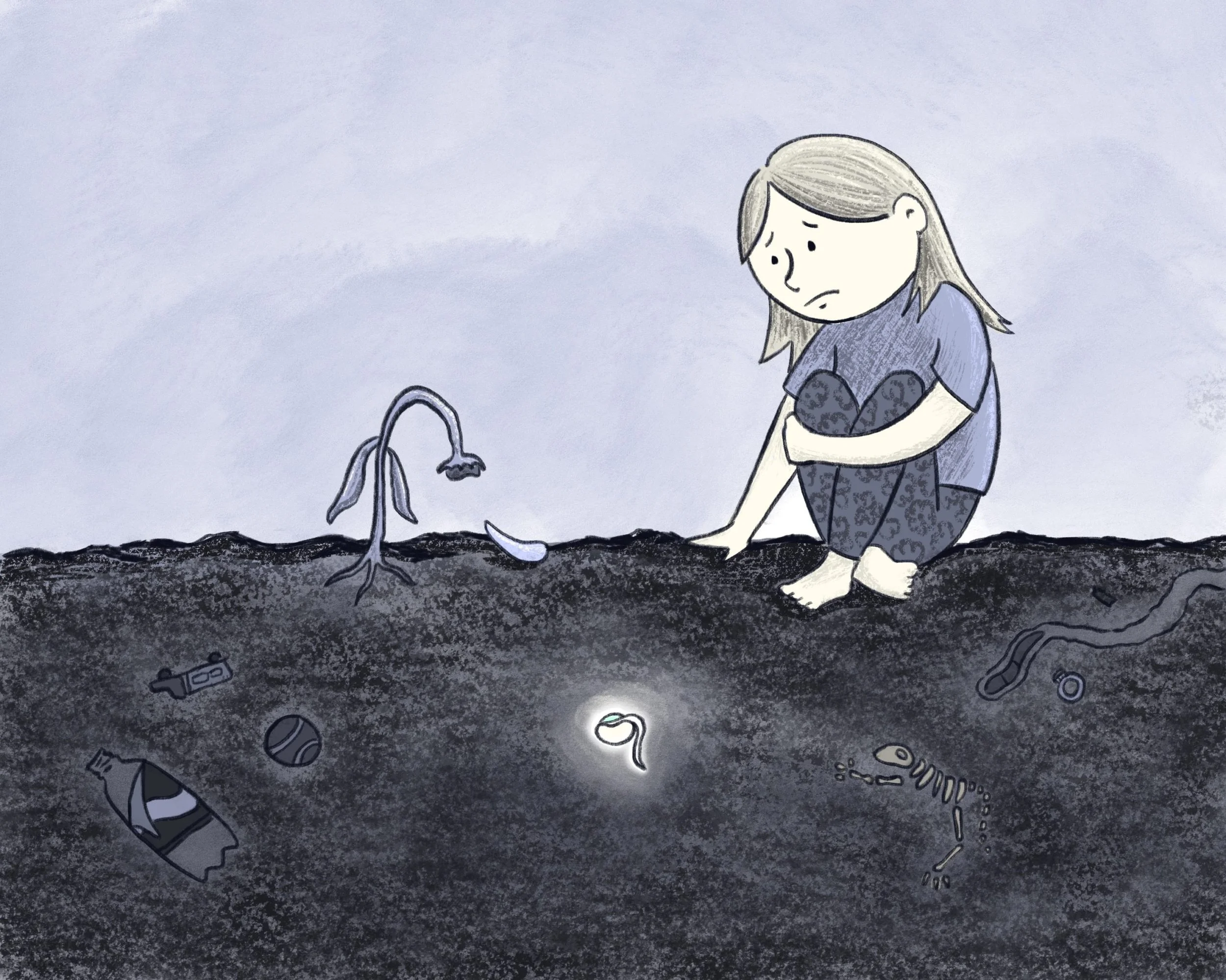 Sad young girl sits next to a wilted flower while a hidden seed glows below the surface.