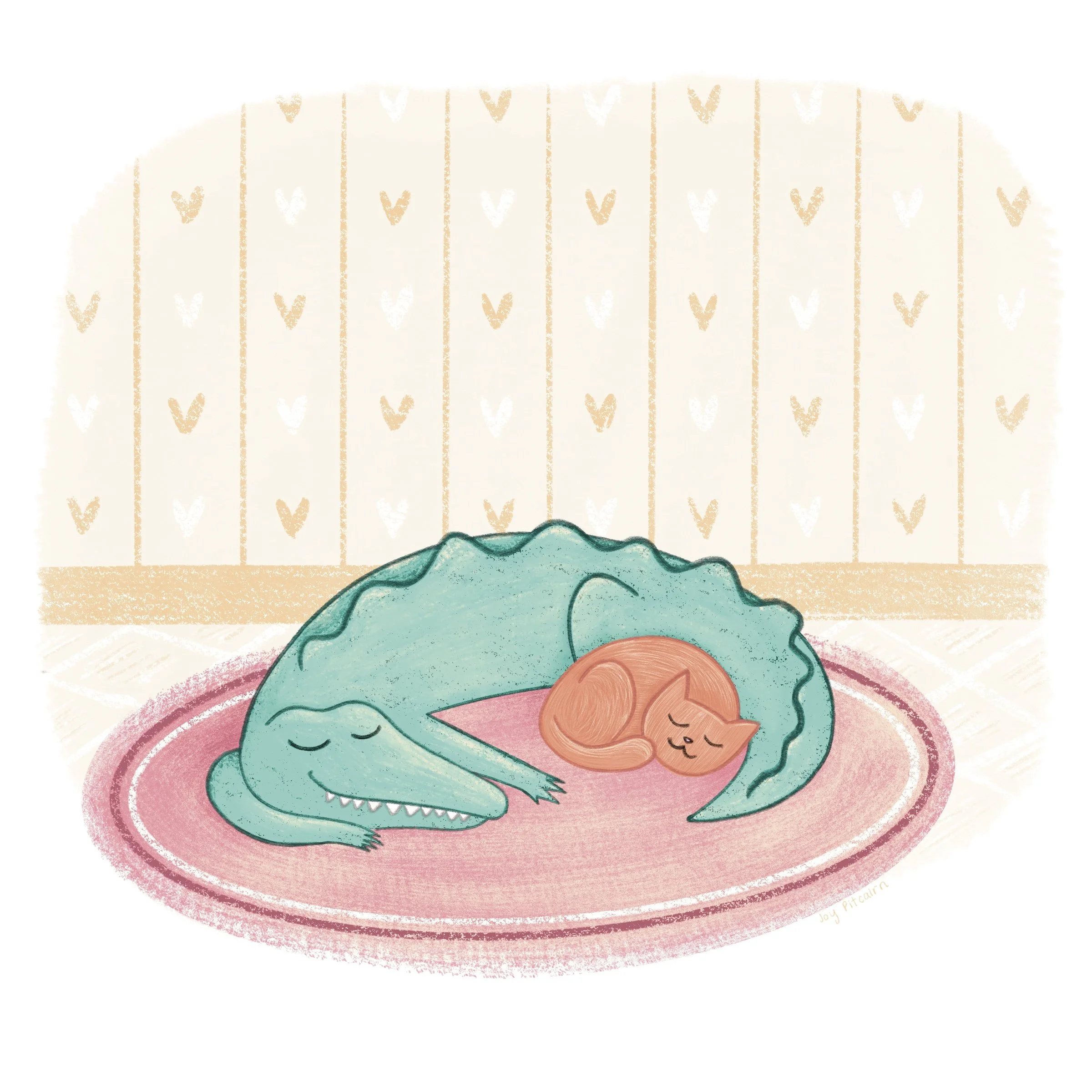 Cat and alligator nap on circular rug.