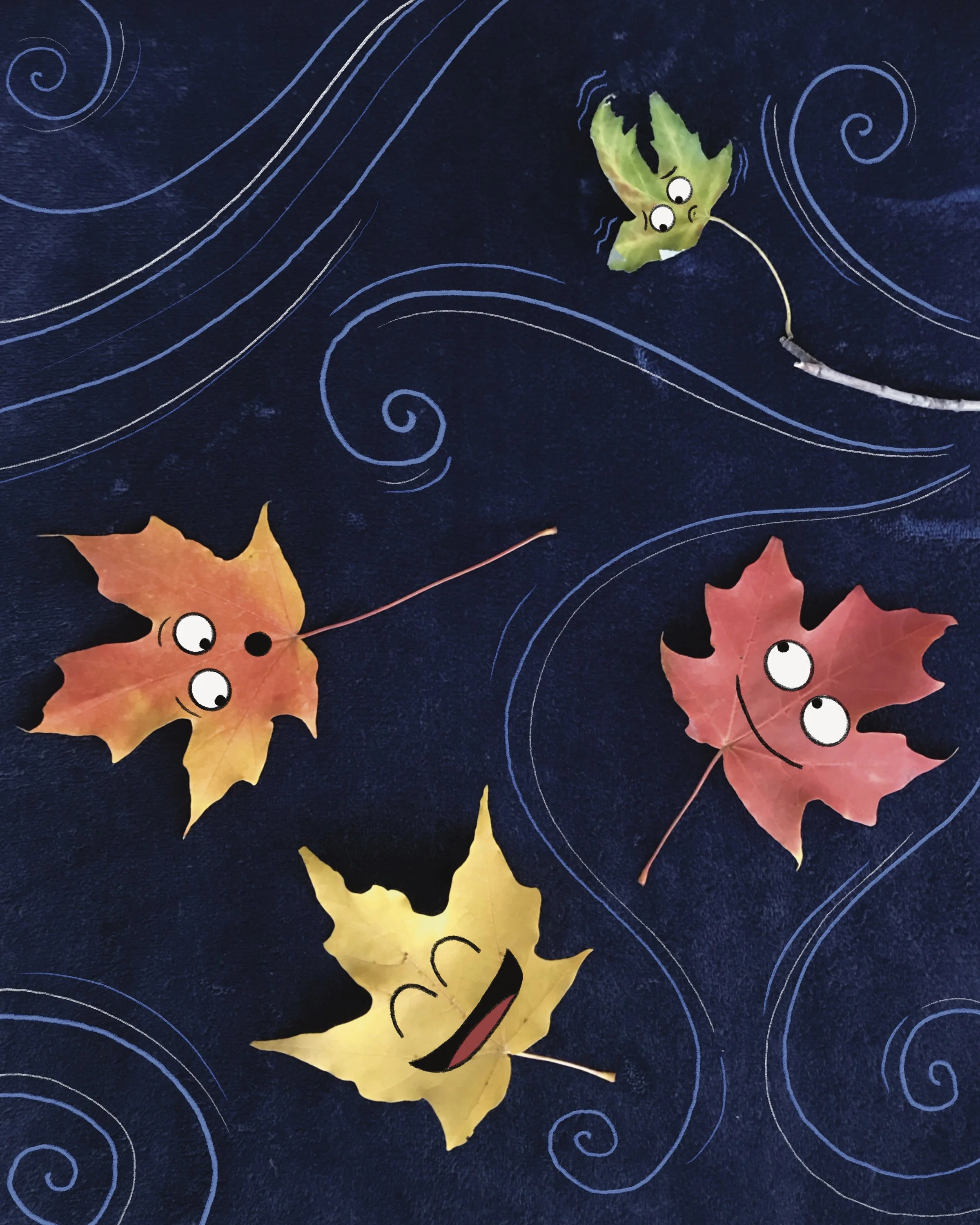 Worried little green leaf trembles on branch while larger orange, yellow, and red leaves tumble happily through the dark blue sky.