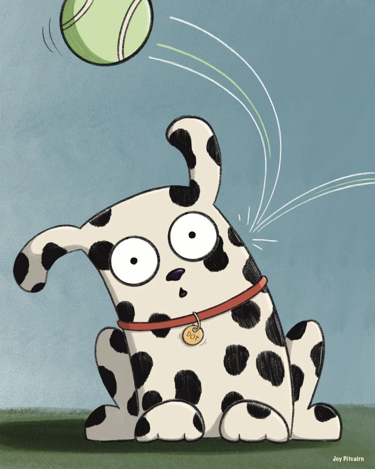 Tennis ball ricochets off head of surprised dalmatian named Dot.