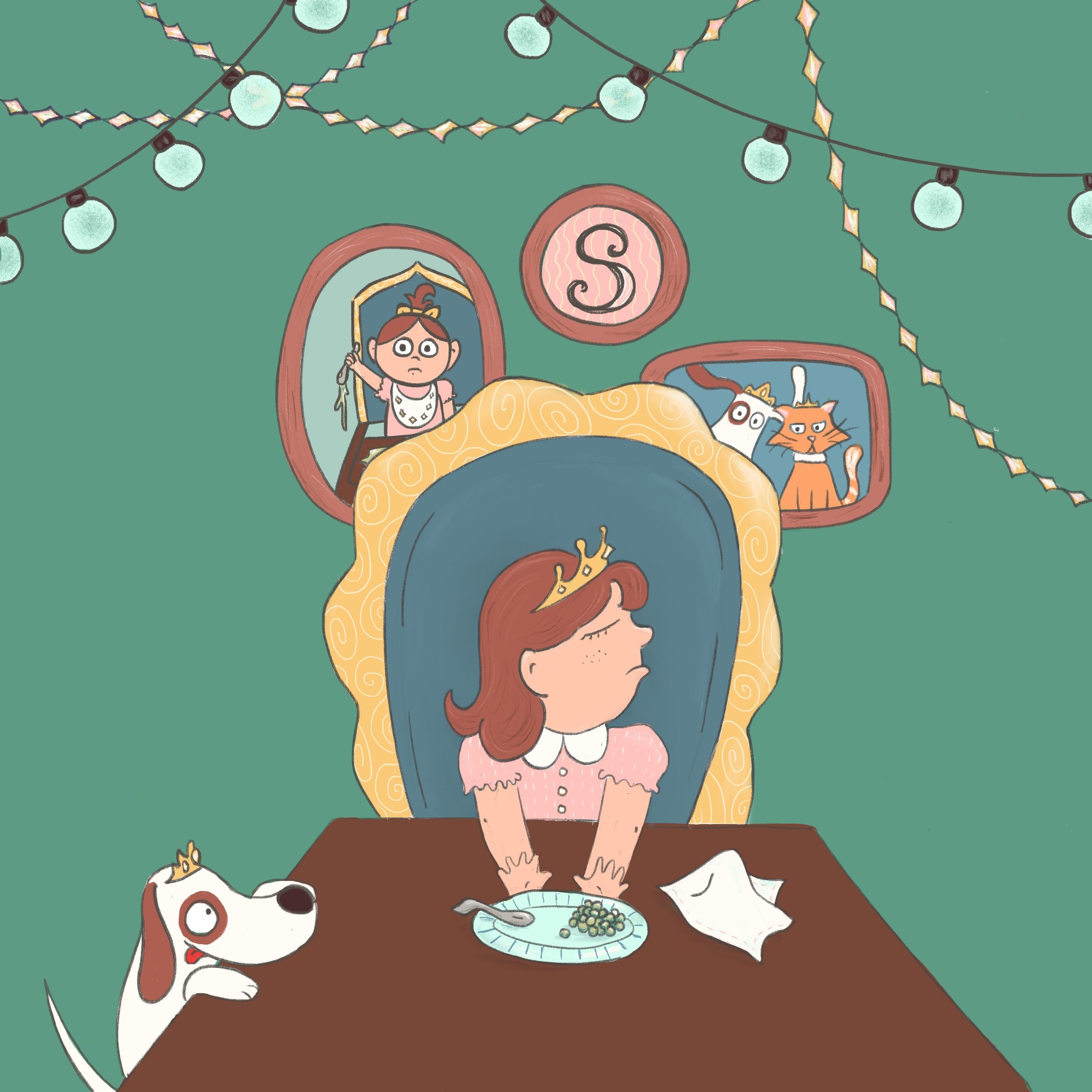 Young girl wearing tiara turns up nose and pushes plate of peas away.