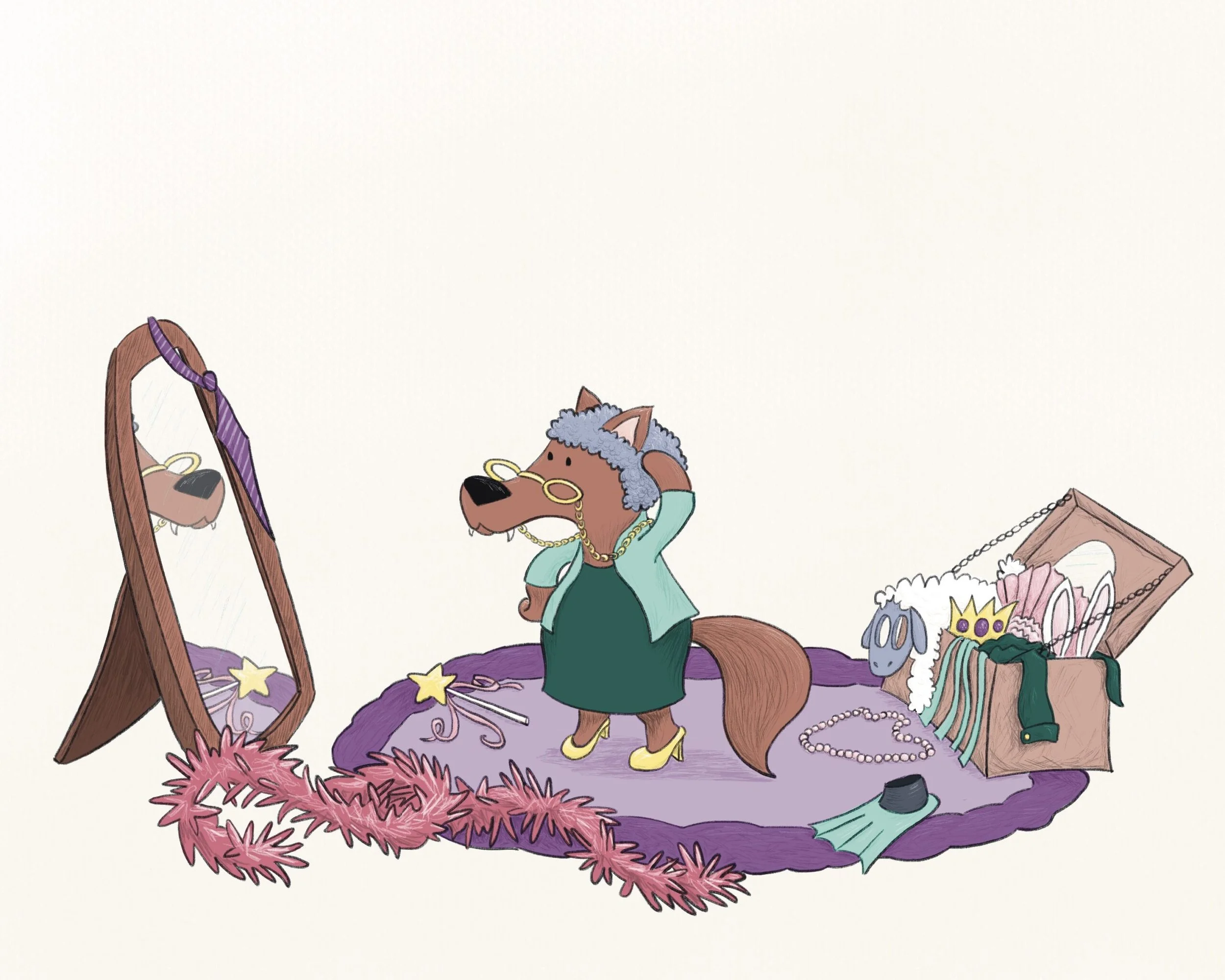 Wolf dressed as grandma stands in front of overflowing dress-up box and admires itself in mirror