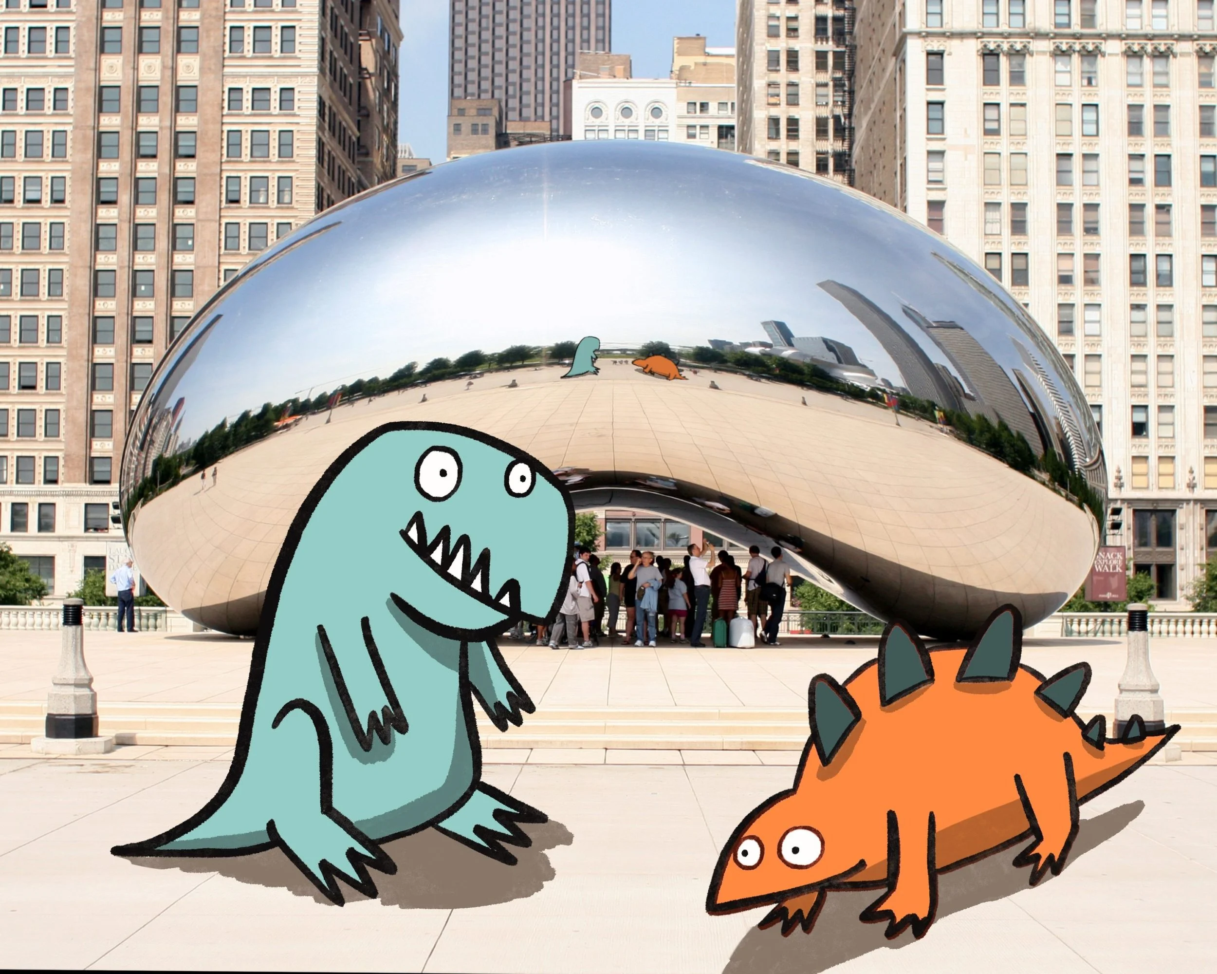 Cartoony T-rex and stegosaurus pose in front of the Chicago Bean. 