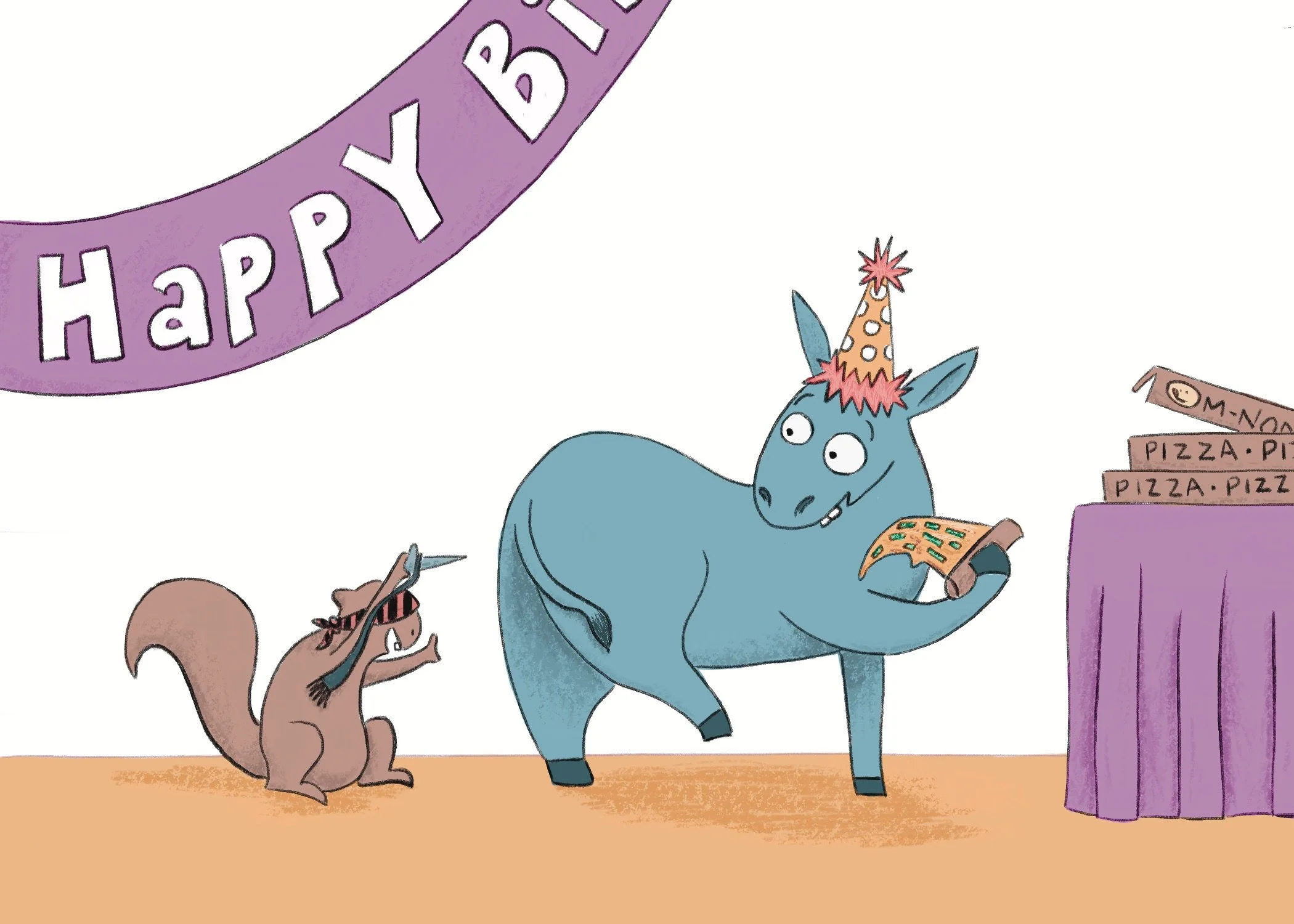 Blindfolded squirrel holding tack attempts to pin tail on alarmed pizza-eating donkey.