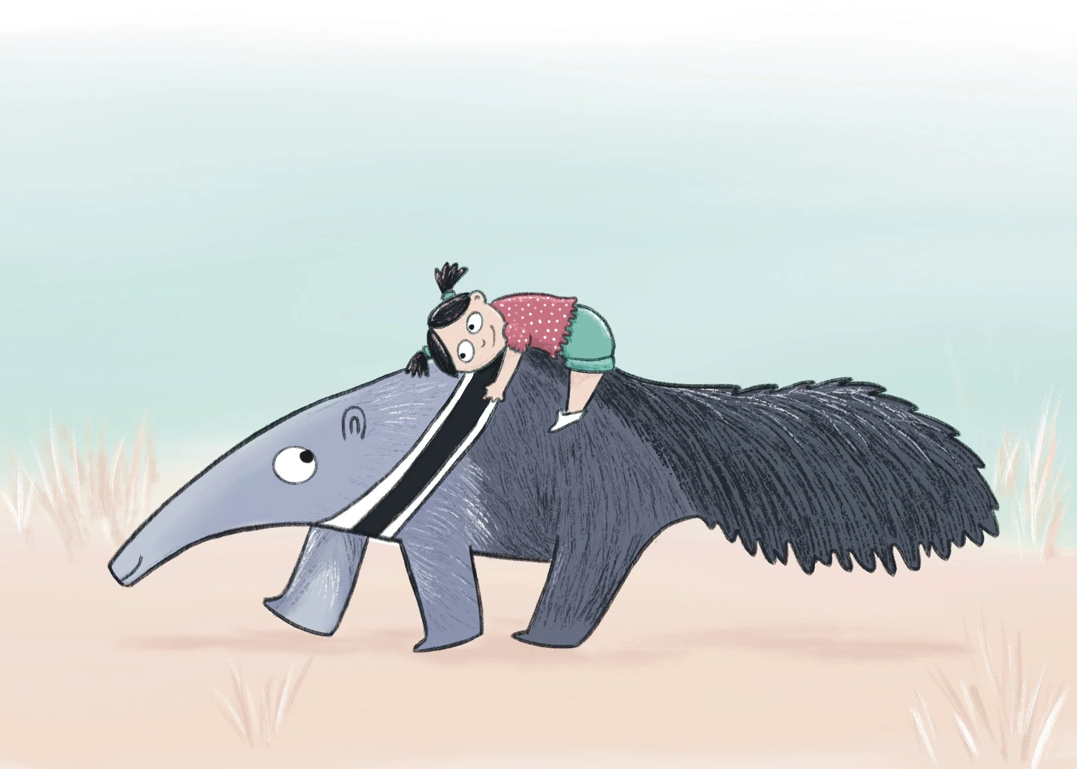 Young girl with pigtails rides giant anteater.