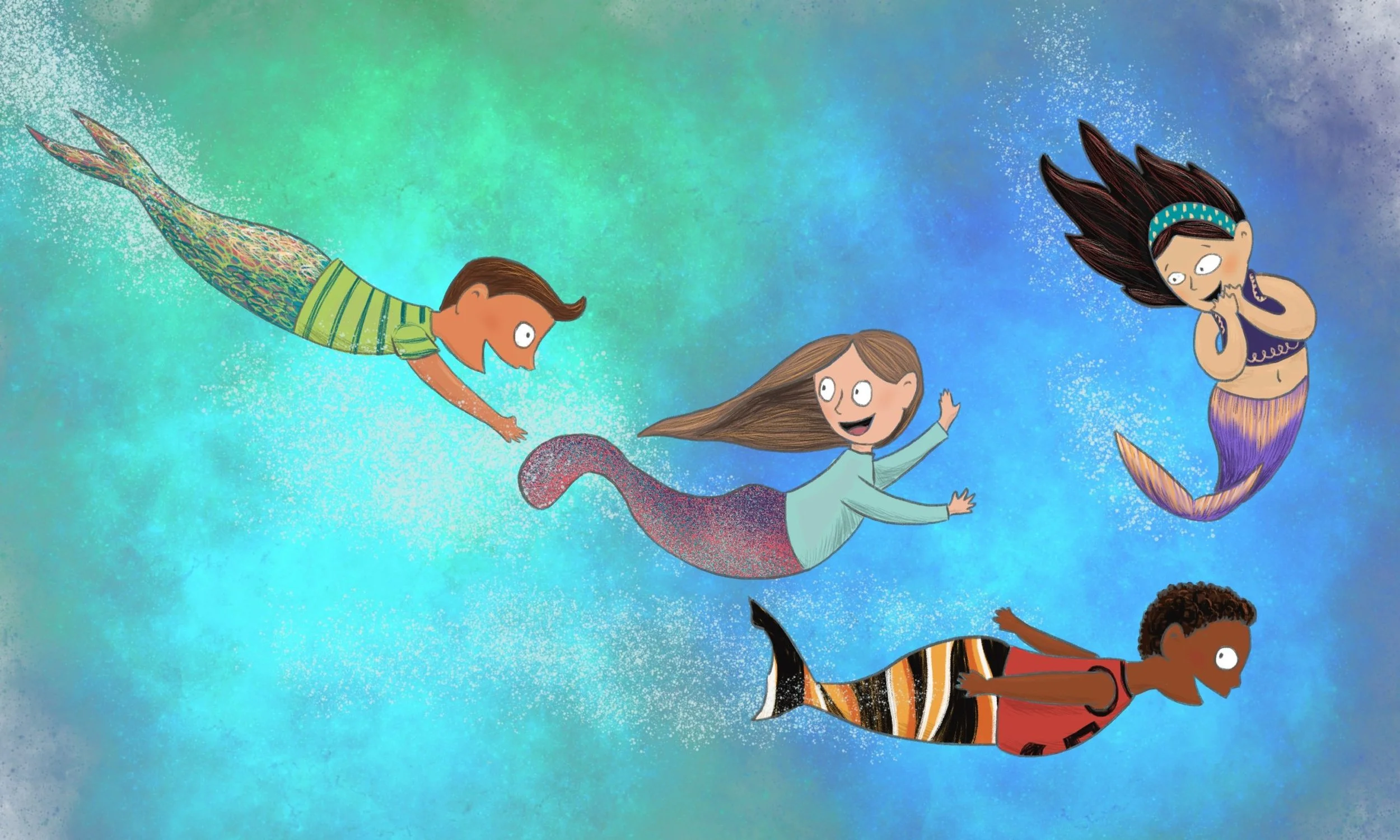 Four mermaid kids play tag.