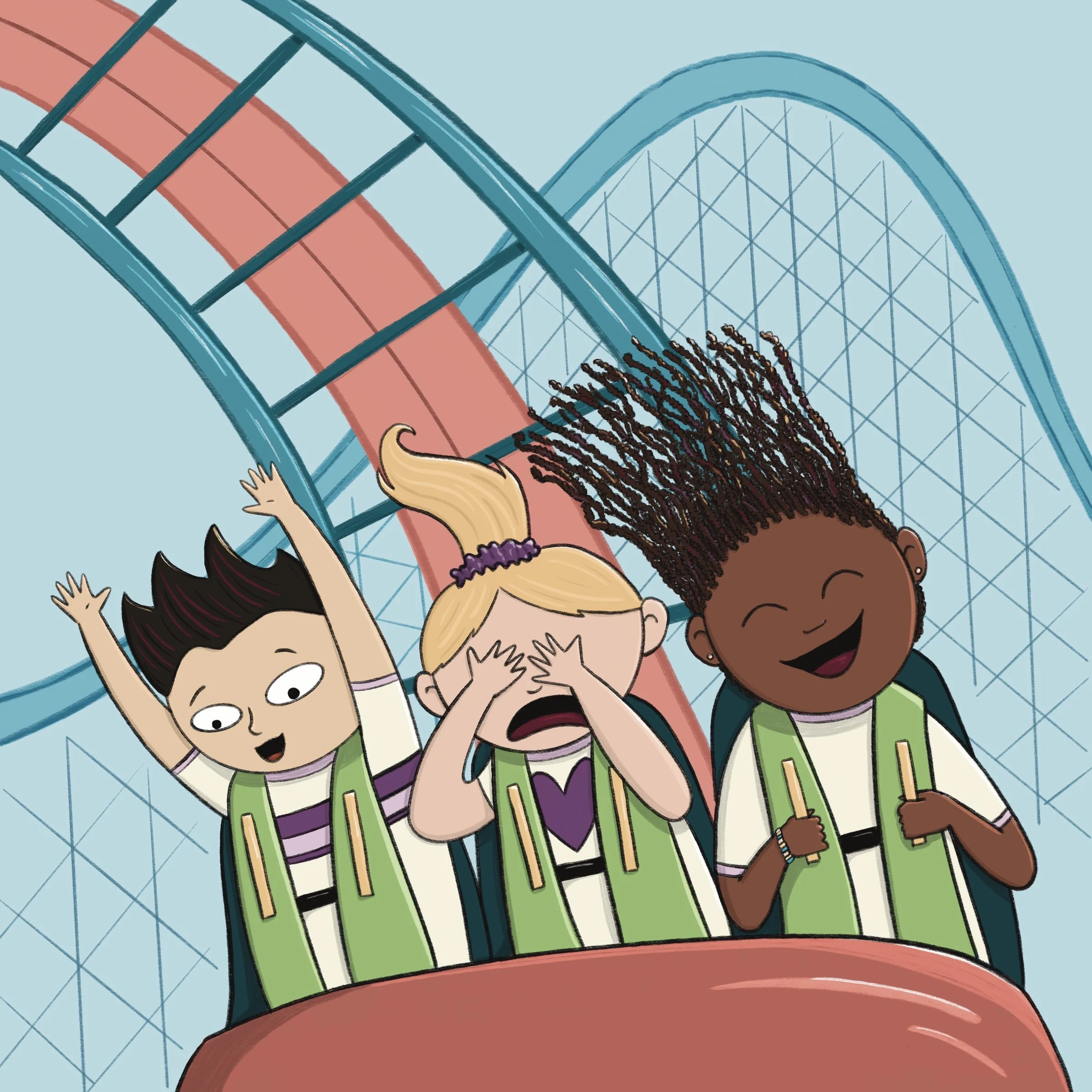 Three kids ride roller coaster. Boy with spiked hair lifts his hands, girl with ponytail covers her eyes, and girl with braids smiles while holding the handles on seat.