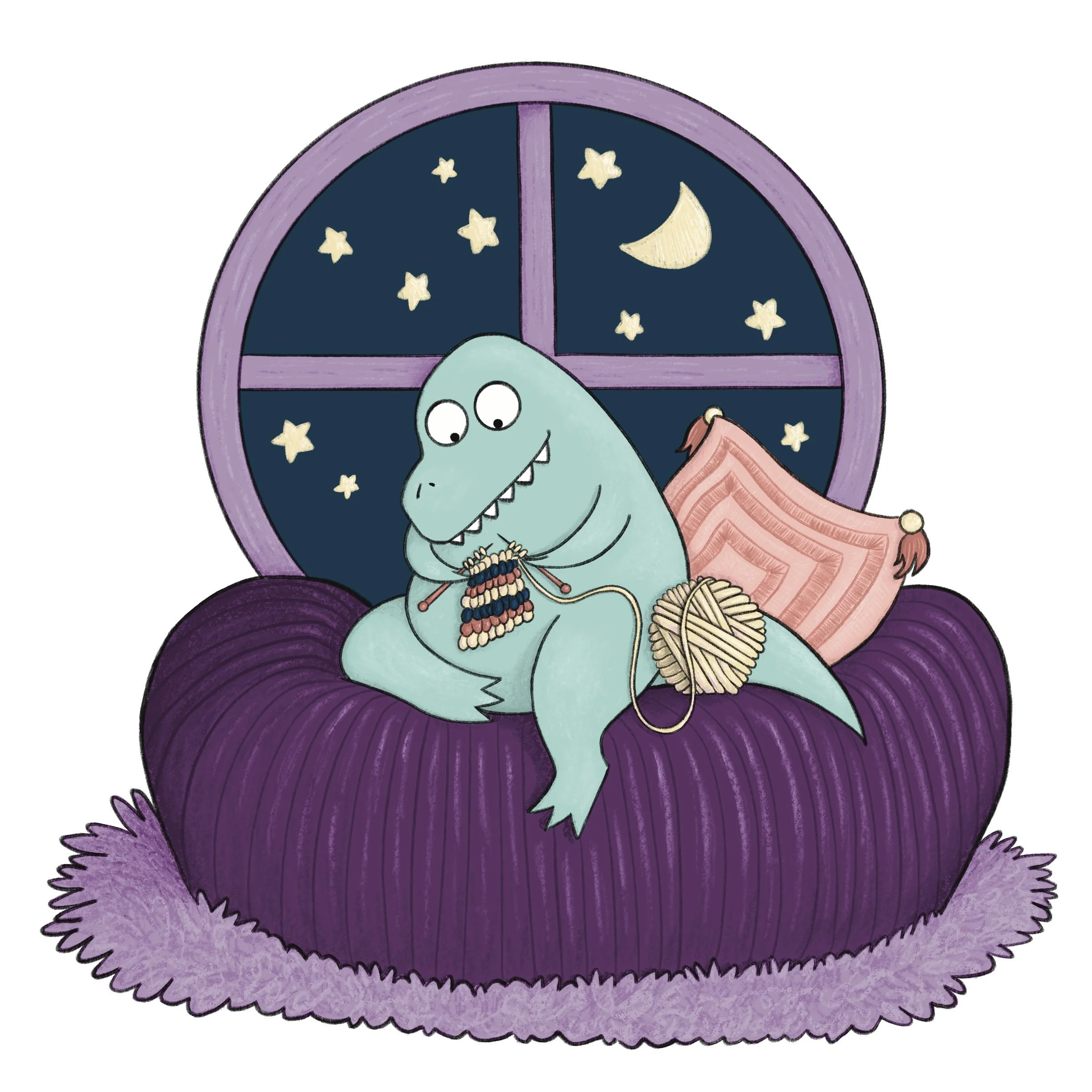Chubby green T-rex sits on a large purple beanbag chair and knits by the light of the moon.