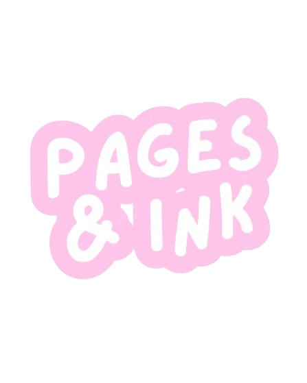 Pink and white logo that reads 'Pages & Ink' in a playful, handwritten font.