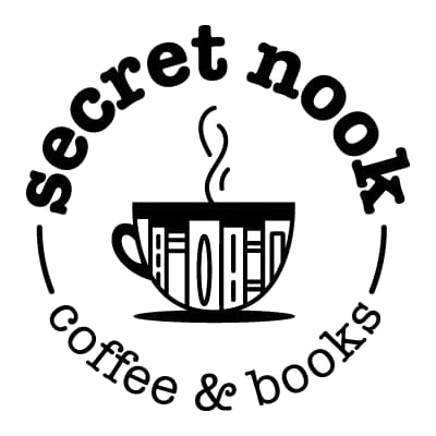 Logo with the text 'secret nook, coffee and books' surrounding a coffee cup icon.