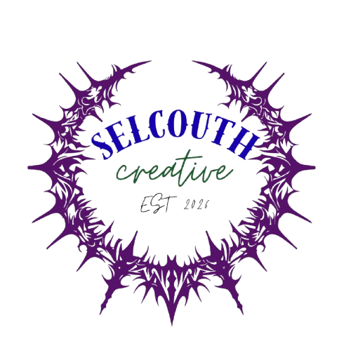 Logo with the text 'SELCOUTH create' inside a spiky purple circular frame.