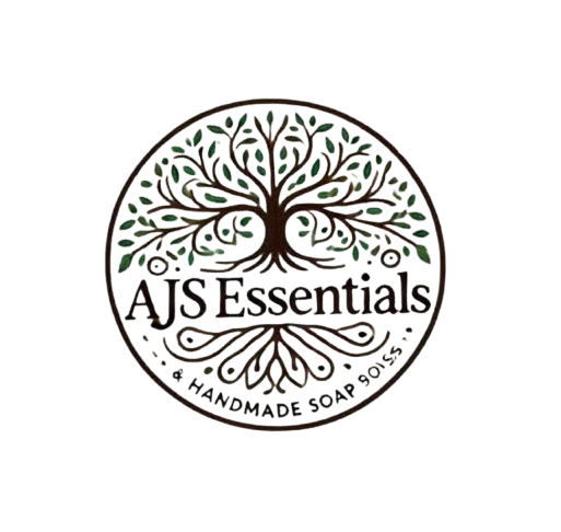 Logo for AJ Essentials featuring a stylized tree with roots and branches, and the text 'AJ Essentials Handmade Soap Softeners'.