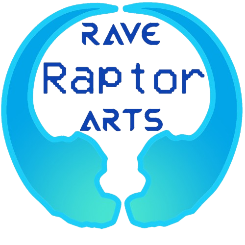 Logo for Rave Raptor Arts featuring stylized blue and green text inside a circular blue shape with a central design resembling a raptor's head.