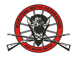 Logo of the Manitoba Métis Federation featuring a circular red border, a fierce-looking Métis warrior's face in the center, and two crossed muskets beneath the face.