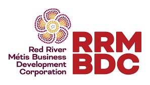 Logo of Red River Métis Business Development Corporation (RRMB-DC) with a stylized floral design in purple, yellow, and red.