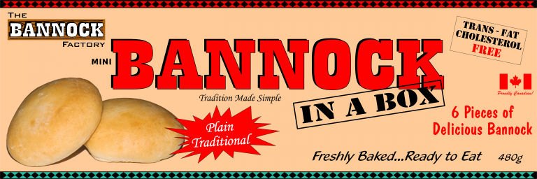 The packaging for Bannock in a Box, featuring two baked bread rolls, with text indicating it's trans-fat and cholesterol free, contains six pieces, is plain or traditional, and is freshly baked and ready to eat.
