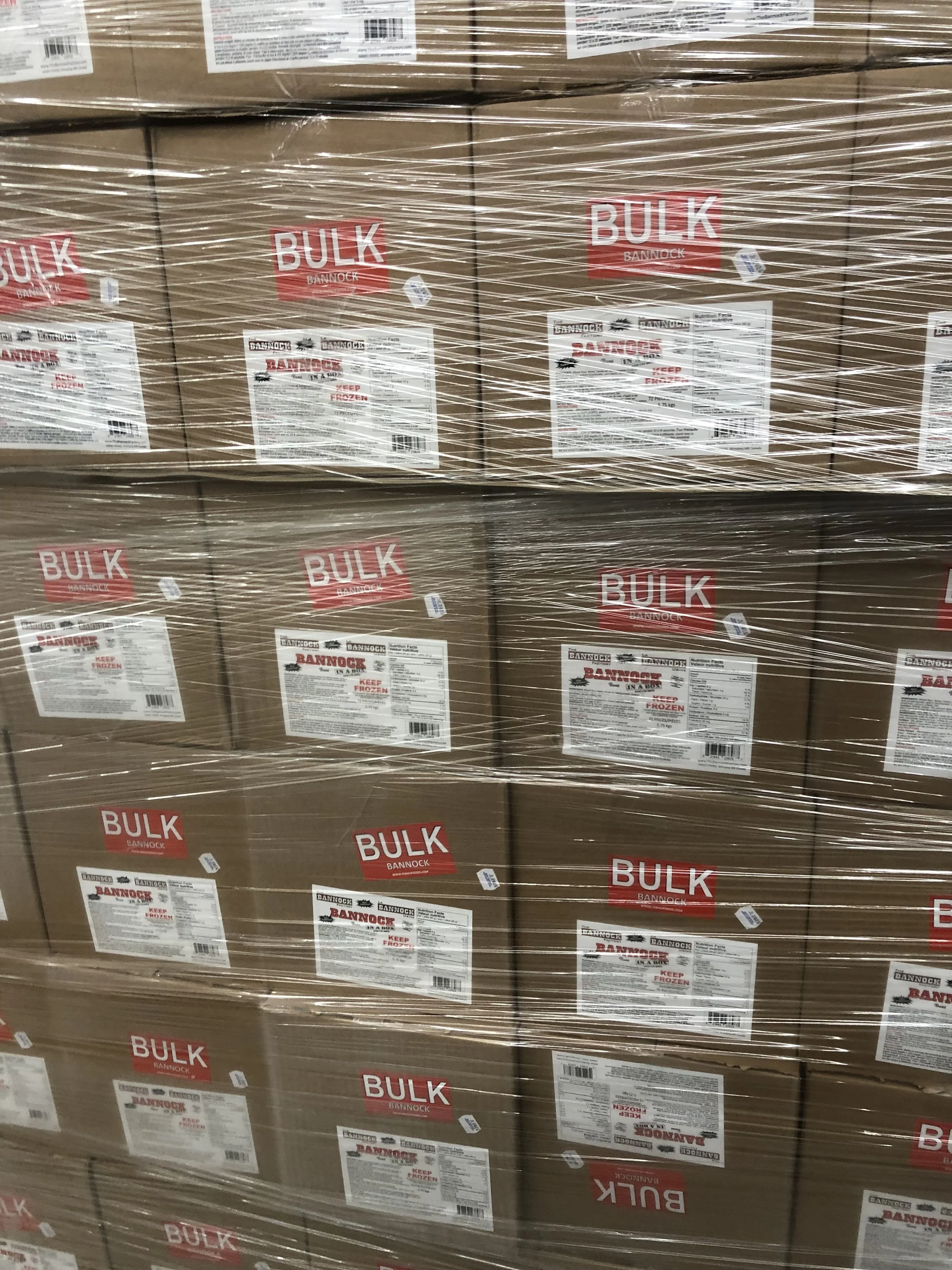 Pallet of food service bannock in a box