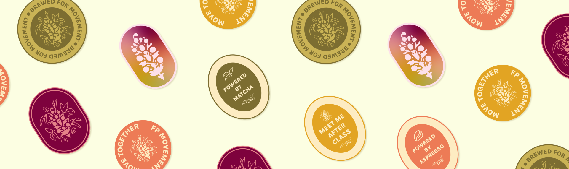 Pattern of coffee drink stickers with various colors and texts, including phrases like 'Brewed for movement,' 'Powered by matcha,' 'Meet me after class,' and 'Powered by espresso,' on a light background.