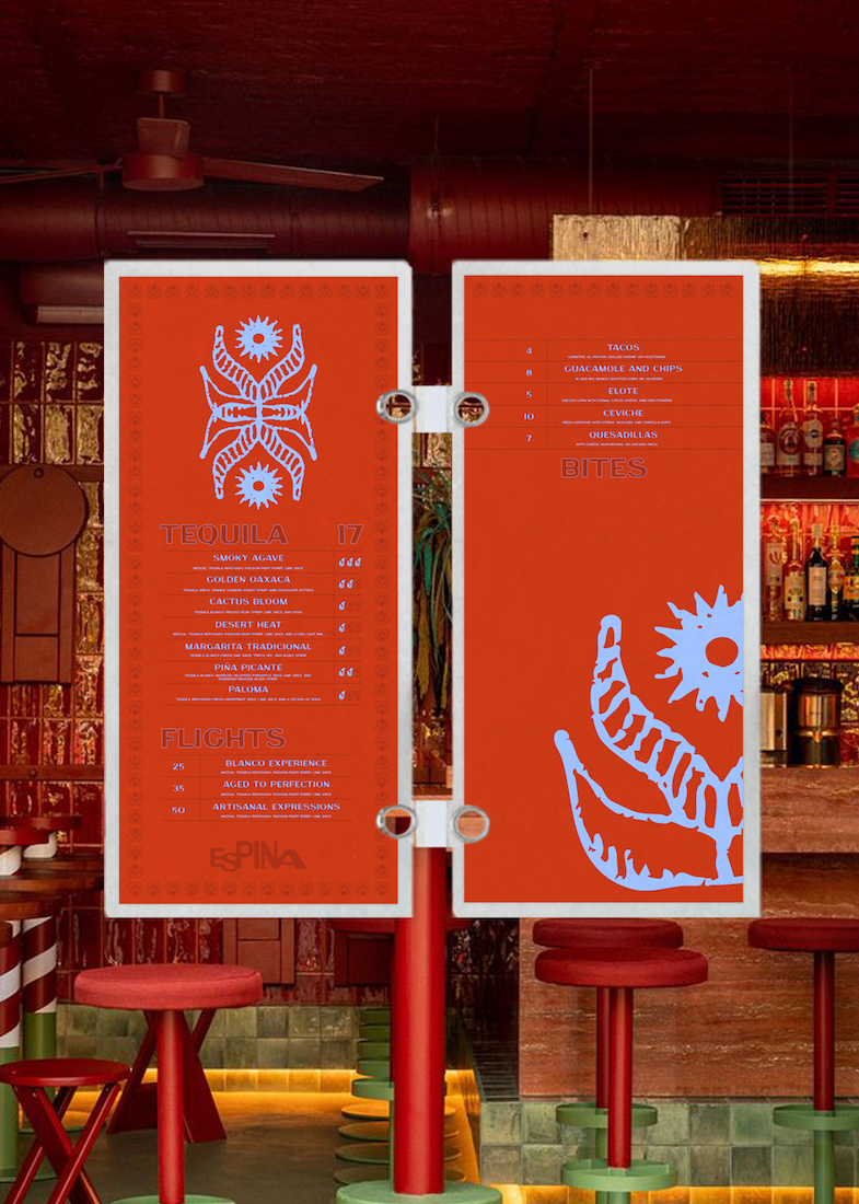 A restaurant menu board with tropical designs, listing drinks, bites, and flights over a bar area with wooden decor and bar stools.