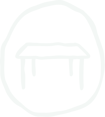 White outline of a simple table inside a circle on a black background.