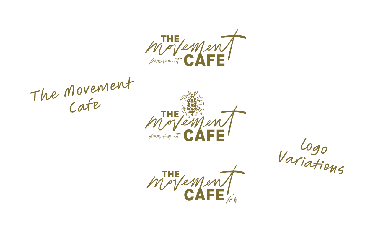Diagram showing three variations of a logo for 'The Movement Cafe,' each with different designs, including one with a floral icon and different text styles, along with handwritten labels indicating 'logo variations' and 'The Movement Cafe'.