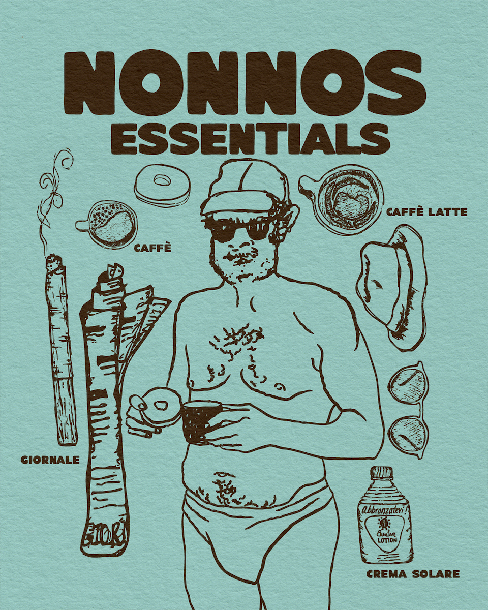 Drawing of a man in swimwear wearing sunglasses and a hat, surrounded by items like coffee, sandwich, sunglasses, a newspaper, sunscreen lotion, and coffee latte, with the title 'Nonno's Essentials' at the top.