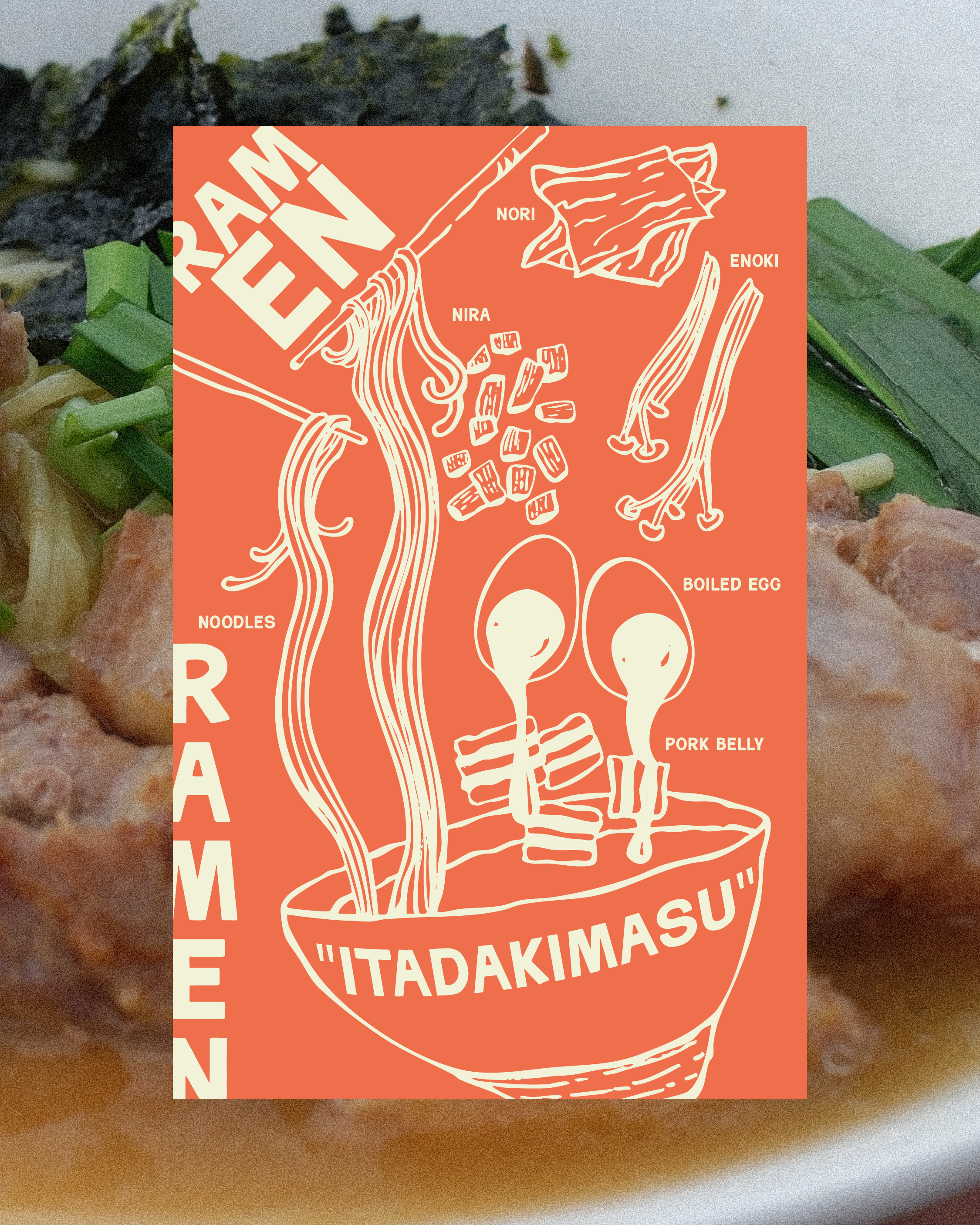 A close-up of a food container with a diagram of ingredients, including noodles, pork belly, and other items, overlaid on the image.