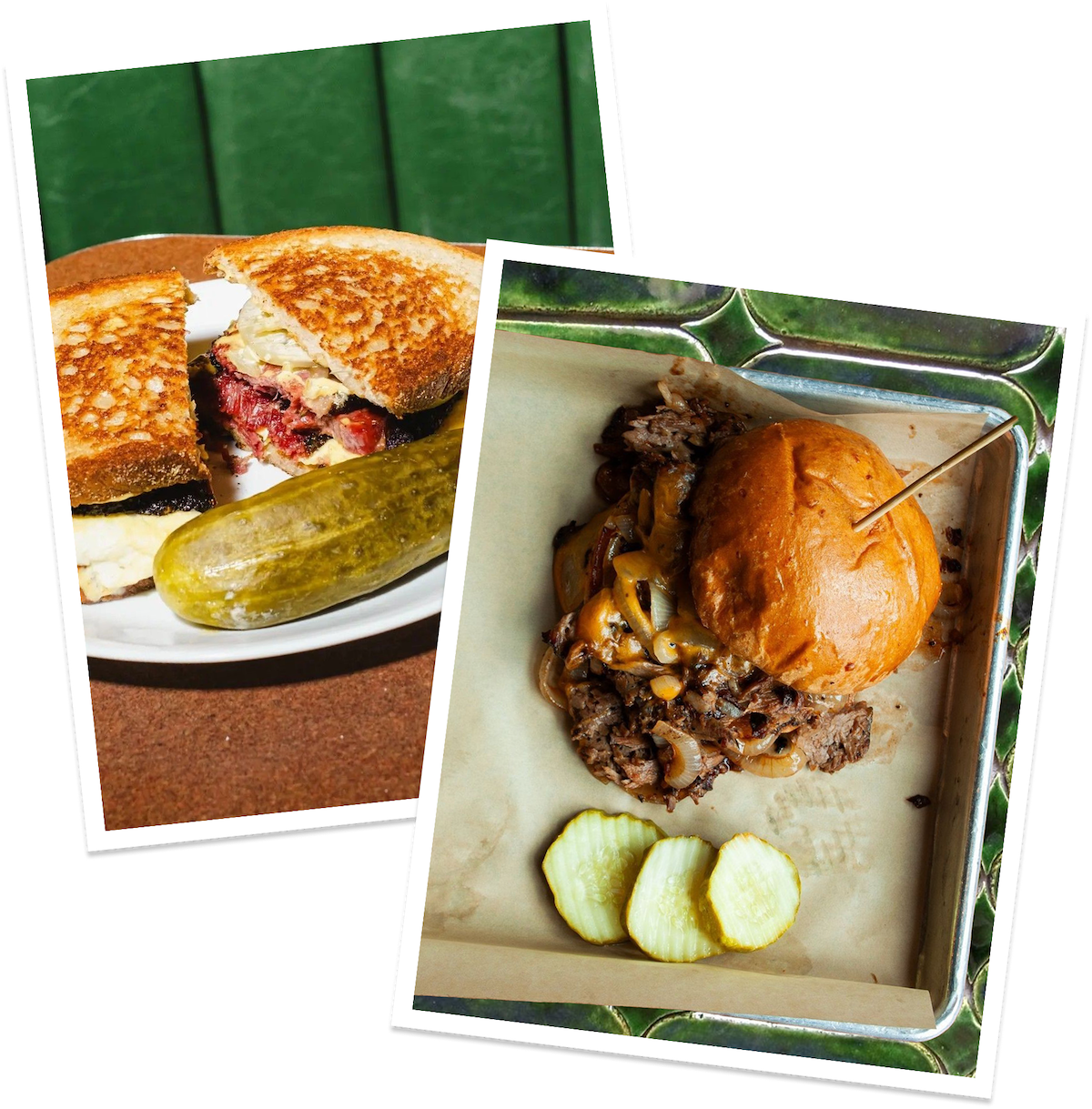 Two photographs of American comfort foods. The first shows a grilled sandwich with meat and cheese, a pickle on a white plate, set on a brown surface with a green background. The second features a metal tray with a meat and onion dish topped with a bun, accompanied by sliced pickles, on a green and white surface.