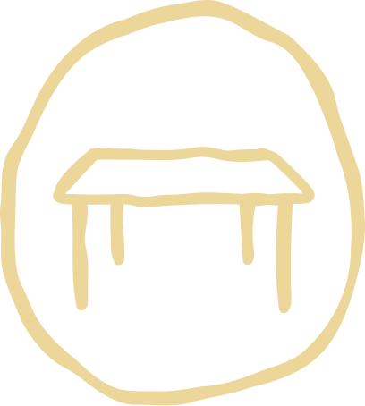 Line drawing of a table inside an oval outline.