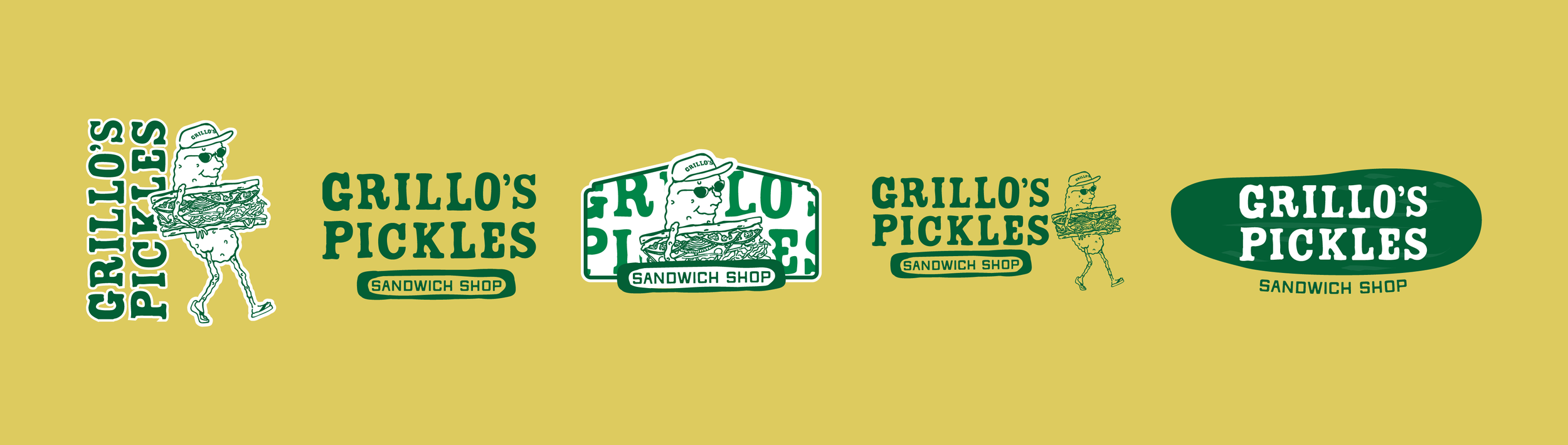 Multiple logos and illustrations for Grillo's Pickles Sandwich Shop, featuring cartoon pickle mascots, with text in green and white on a yellow background.