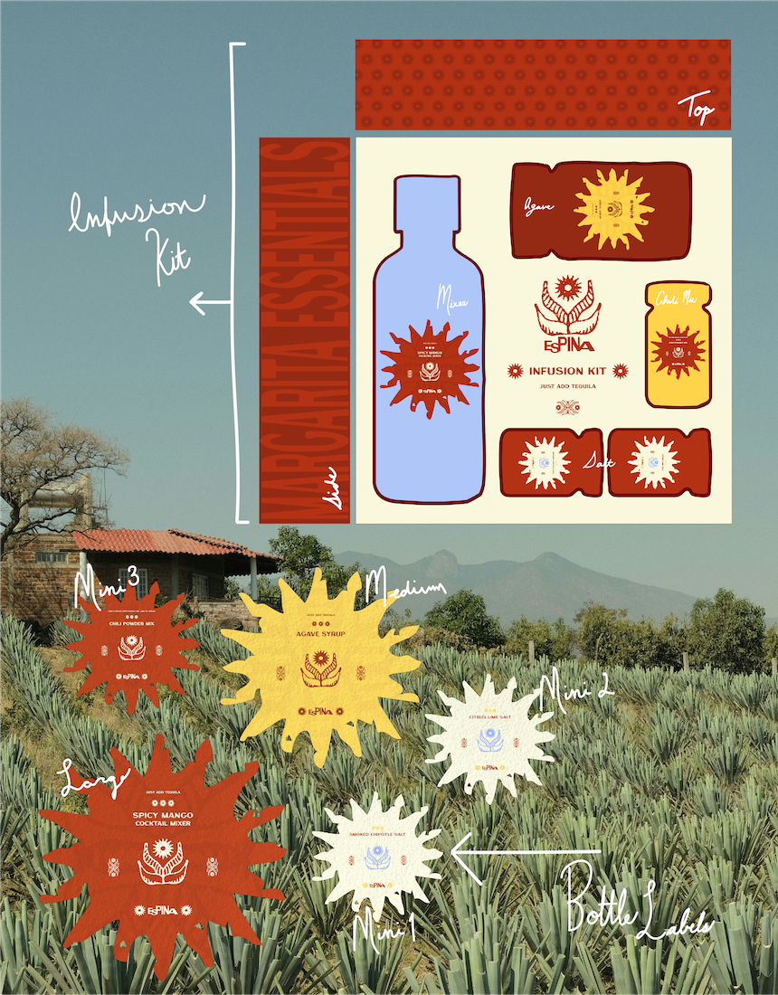 Diagram of an infusion kit with labels, set against a landscape background with a house and aloe plants. The kit includes a bottle, three bottle labels labeled 'Mini 3', 'Medium', and 'Large', and two mini labels labeled 'Mini 1' and 'Mini 2'. The background has a mountain view and leafless trees.
