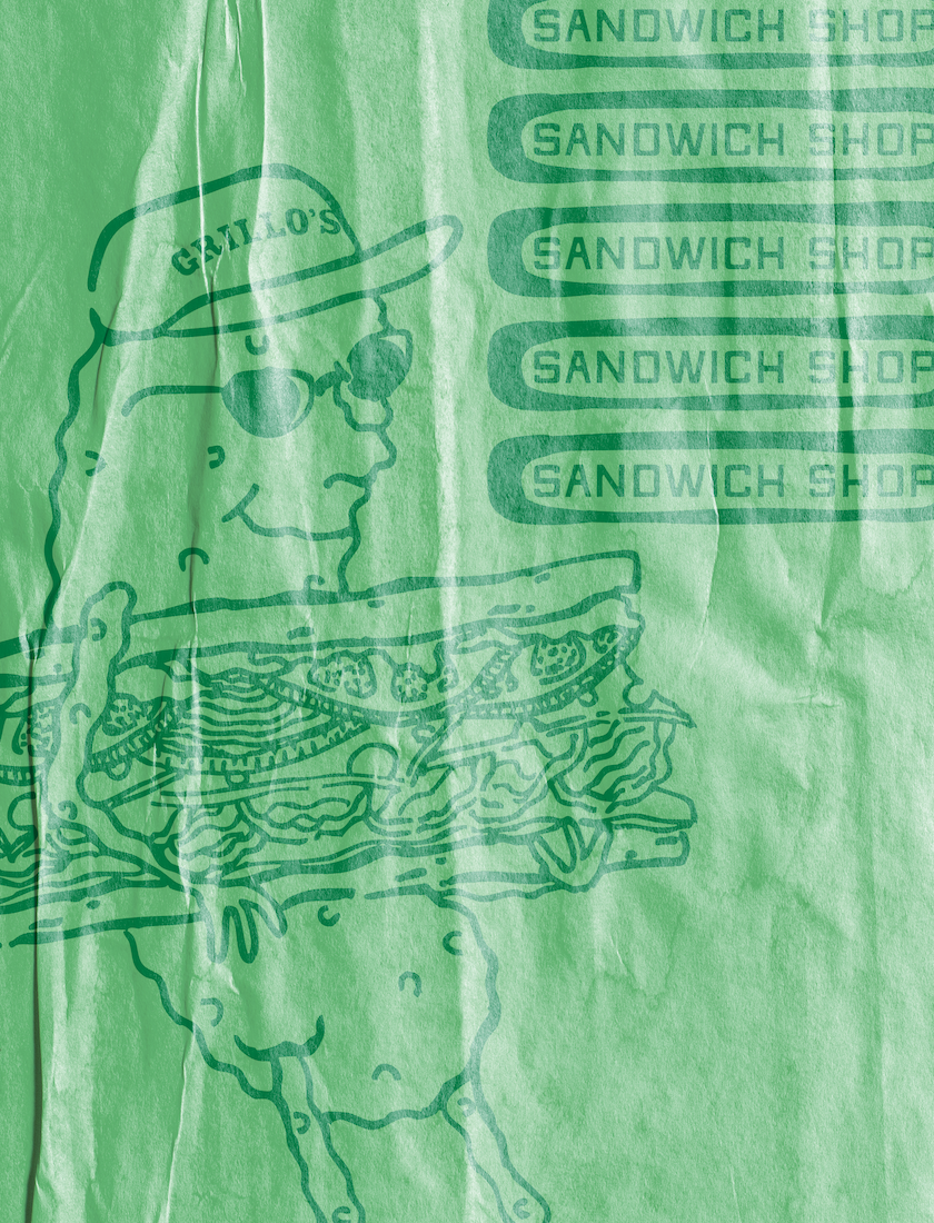 Green paper with a line drawing of a person wearing a cap and sunglasses, holding a sandwich, and the words 'SANDWICH SHOP' repeated multiple times on the right side.