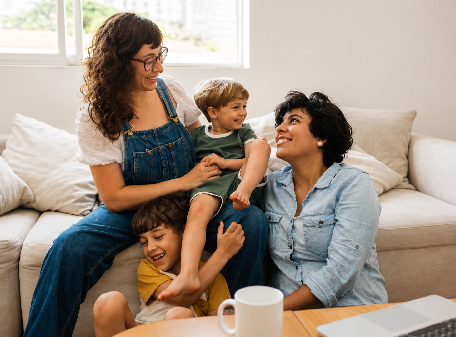 Two women and two children playing and laughing together on a beige sofa in a bright living room.