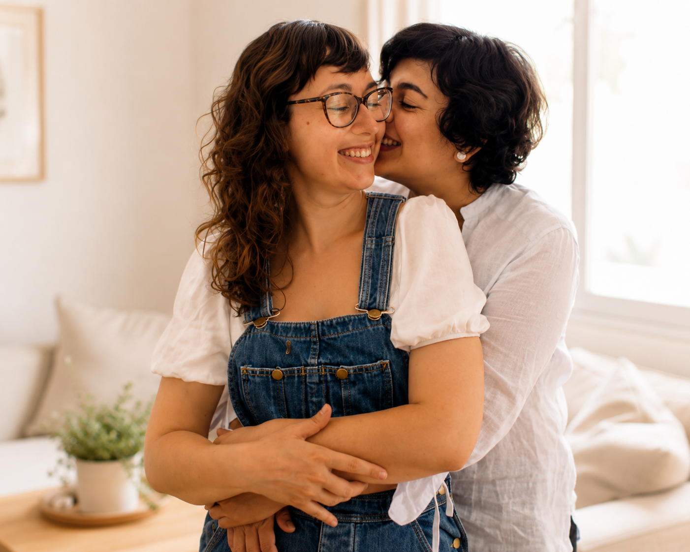 Two women hugging and smiling indoors near a window, one wearing glasses and denim overalls, the other in a white blouse.