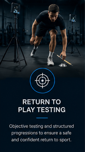 A man in athletic clothing is in a starting position on a track, holding a small device or marker, with two screens displaying his image in the background, and a graphic reading 'RETURN TO PLAY TESTING' on a digital screen.